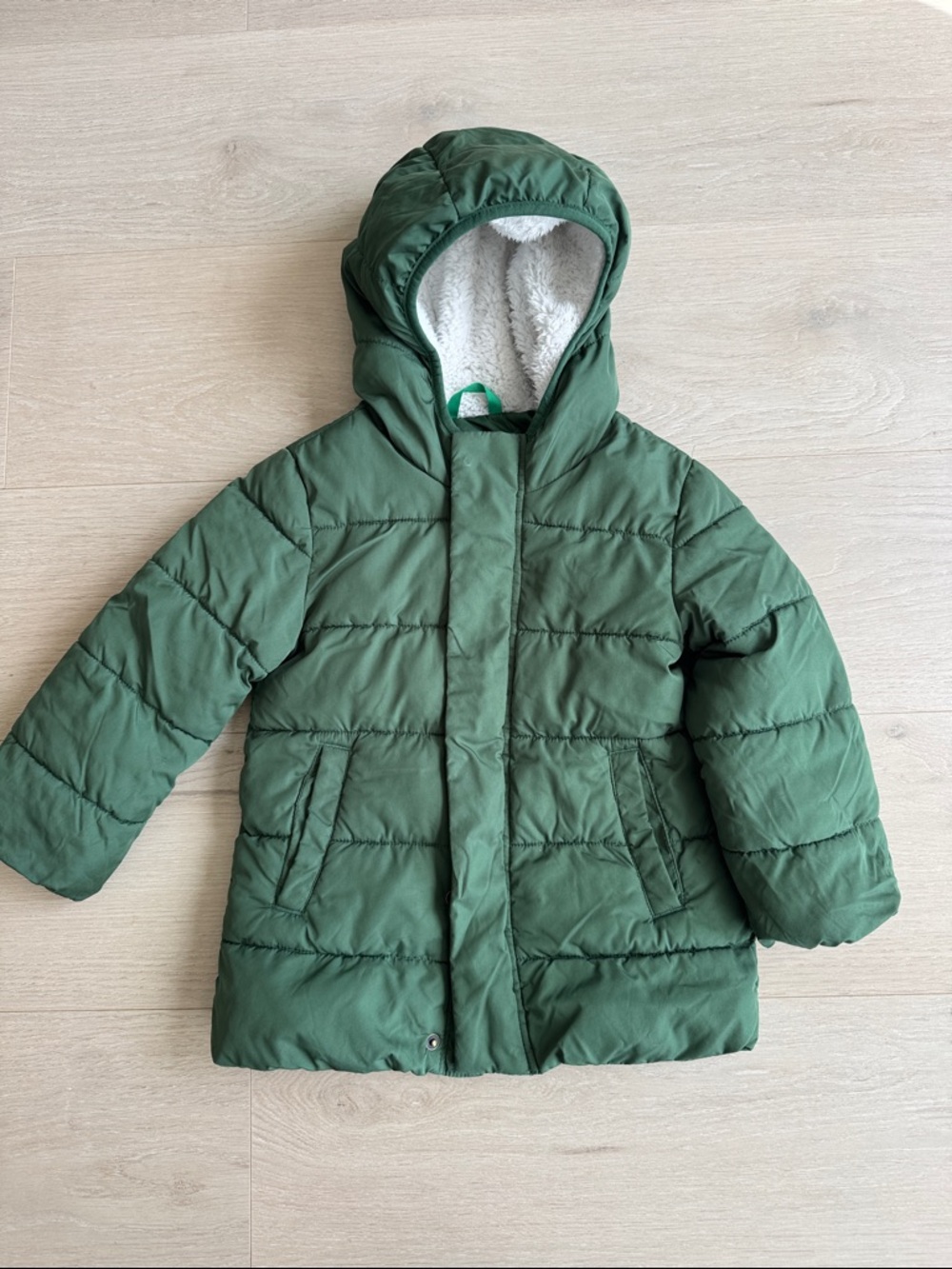 Primary Olive Green Hooded Puffer Coat for Kids